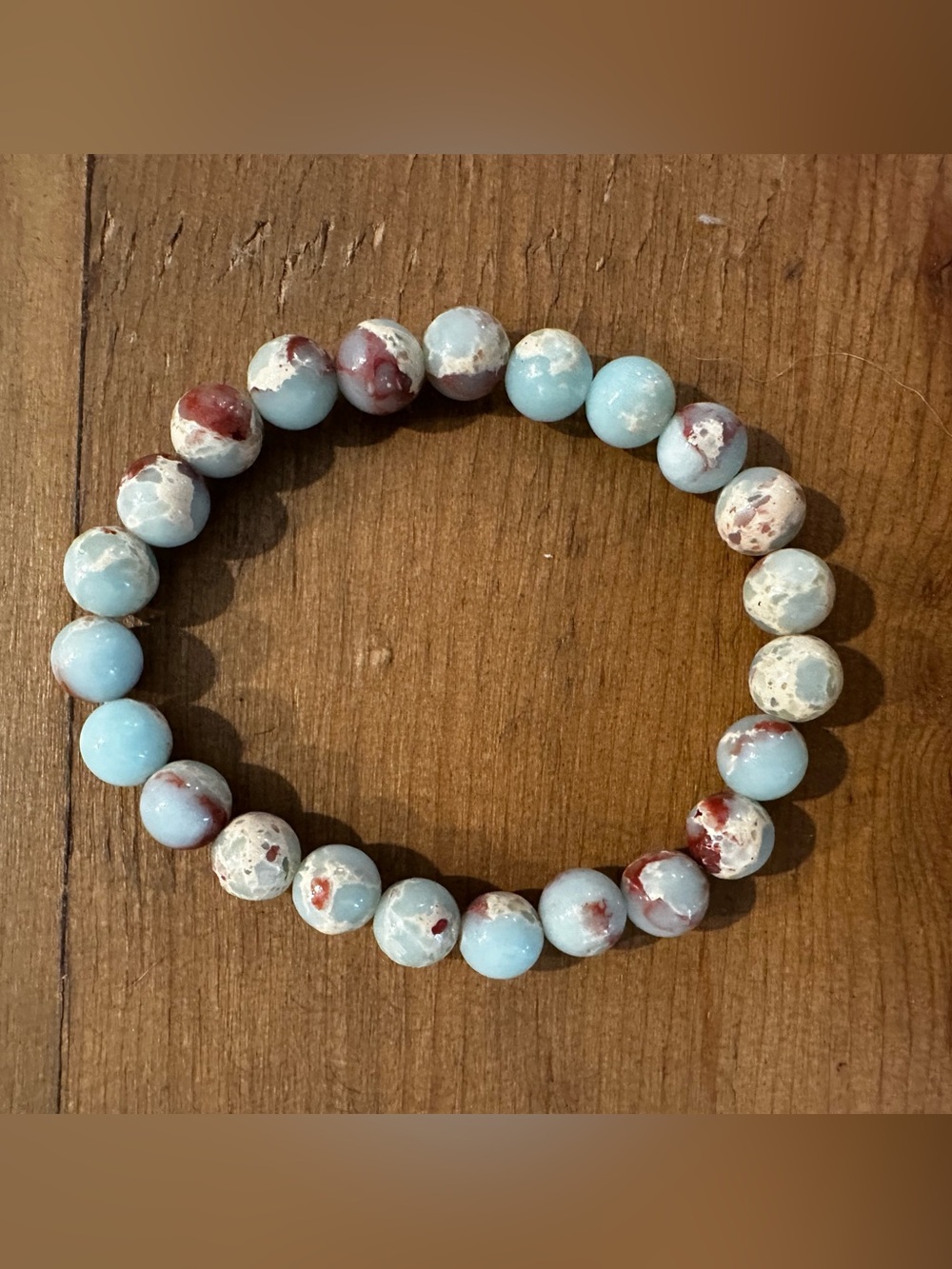 Handmade Light Blue and Red Jasper Beaded Stretch Bracelet